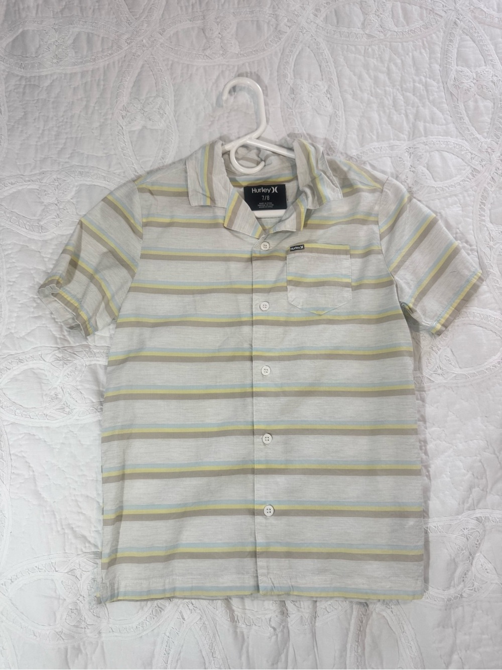 Hurley Striped Short Sleeve Button-Up Shirt - Light Gray & Pastel Stripes
